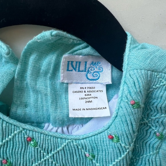 Luli and Me Aqua Blue Dress with Pink Flower Smocking, 24 Months - Picture 3 of 5